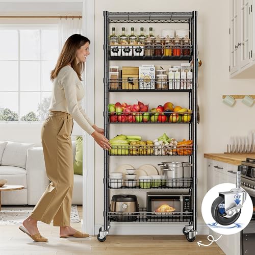 DurayLoly 7-Tier Wire Shelving Unit with Basket Shelf & Wheels - Image 4