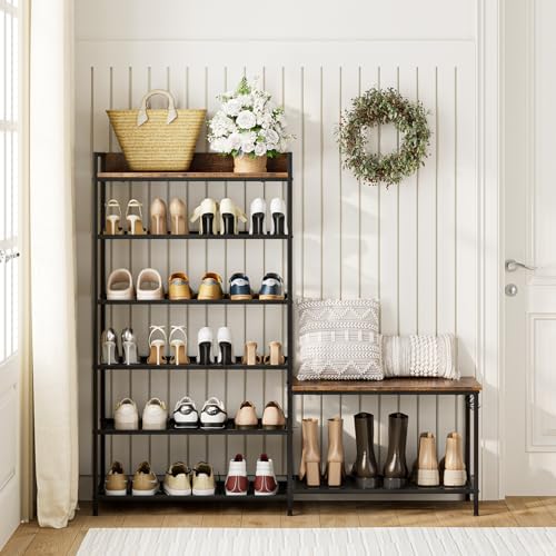 Shoe Rack Bench Storage Organizer for entryway,6-Tier Industrial Free Standing Shoe and Boot Racks with Seat,Entrance Shoe Rack Organizer Shelves for High Heels,Hallways, Closets,Brown,48.7in - Image 7