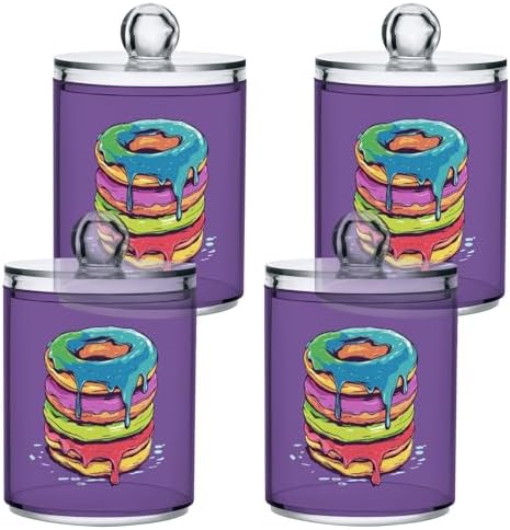 Fustylead 4 Pack Watercolor Rainbow Color Donut Plastic Apothecary Jar Set for Cotton Swab, Ball, Pad, Floss, Qtip Holder Dispensers for Bathroom Storage Organizer by Fustylead