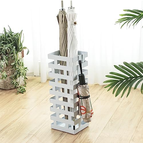 Tudomro Umbrella Stands for Entryway Large Metal Umbrella Holder 6.3 x 5.5 x 16.5 Inches with Removable Water Tray and Hooks Decor Freestanding Rectangular Storage Hollow Rack for Home Office (White) - Image 4