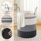 72L Large Tall Cotton Rope Laundry Basket with Handle, Grey Striped - Image 3