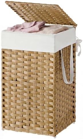 SONGMICS HOME Laundry Hamper with Lid, Clothes Basket with Removable Liner and Handles, 17.2 Gallon, Foldable Narrow Laundry Organizer for Bathroom, Bedroom, Light Brown by SONGMICSHOME