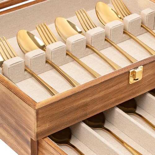 Silverware Storage Box, 2-Layer Flatware Storage Case with Drawer, Wooden Silverware Chest with Linen Liner, Rustic Silverware Case for Storing Fine Flatware and Utensils (Brown) - Image 4