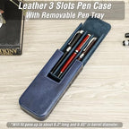 Top Grain Genuine Leather 3 Fountain Pen/Pencil Tray Case Holder, Solid Fashion Design, Handmade, Magnetic Closing with Drawer Design, Gift Choice for Man/Woman/Office, Glossy Blue, 3 Slots - Image 3