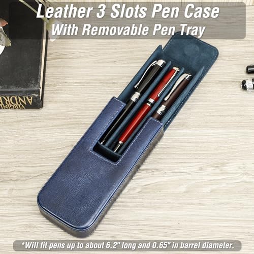 Top Grain Genuine Leather 3 Fountain Pen/Pencil Tray Case Holder, Solid Fashion Design, Handmade, Magnetic Closing with Drawer Design, Gift Choice for Man/Woman/Office, Glossy Blue, 3 Slots - Image 3