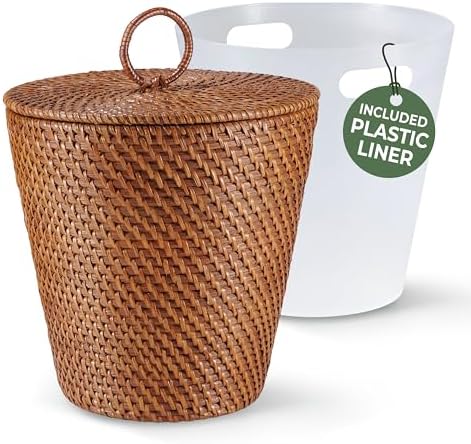 84ECO 3 Gallon Rattan Trash Can with Lid and Liner - Wicker Trash Can for Bathroom, Bedroom, Kitchen, Living Room by 84ECO