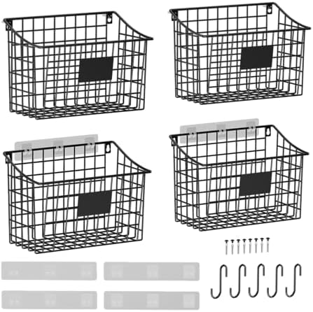 Wall Basket with Label Plate & 5 S-Hooks –4 Pack Hanging Wire Basket for Organizing, Wall Storage for Kitchen, Bathroom, Pantry, Laundry, RV – Hanging Wall Basket, Metal by X-cosrack
