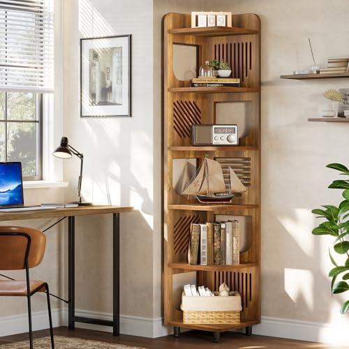Tribesigns 6-Tier Corner Bookshelf, Tall Narrow Corner Shelf Bookcase with Hollow Design, Farmhouse Skinny Display Shelf for Living Room, Bedroom, Small Space, Yellow - Image 5