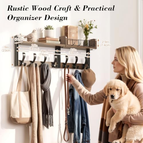 Delamu 29" Large Coat Rack Wall Mount with Shelf, 4 in 1 Shelf with 11 Hooks, Wooden Key and Mail Holder for Wall for Entryway, Living Room and Bedroom, Brown - Image 4