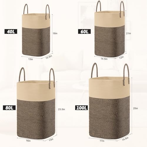 Laundry Basket,Woven Cotton Rope Laundry Hamper,Versatile Storage for Dirty Clothes,Baby Toys,and Blankets in Bathroom, Nursery,and Living Room (Jute, 100L) - Image 3