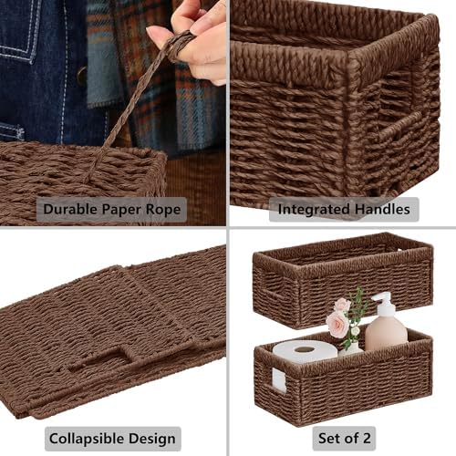 Vagusicc Wicker Storage Basket, Set of 2 Hand Woven Wicker Baskets for Organizing with Handles, Decorative Small Storage Bins for Countertop Toilet Paper Basket for Toilet Tank Top, Shelves, Brown - Image 7