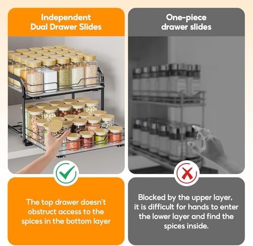 Pull Out Spice Rack Organizer for Cabinet, Height Adjustable Spice Organization for Cabinet, Metal Slide Out Spice Racks Heavy Duty Vertical Spice Rack for Cabinet, 13.58''Wx10.5''Dx9.5''H, 2 Tier - Image 7