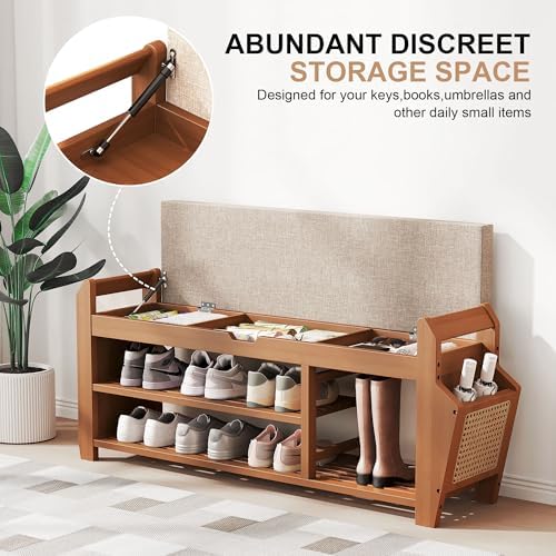 PETKABOO 39.4" Bamboo Shoe Rack Bench, 3-Tier Entryway Bench with Thick Cushion, Flip-Top & Side Storage, Holds Up to 550 LBS for Hallway, Living Room, Bedroom - Image 3