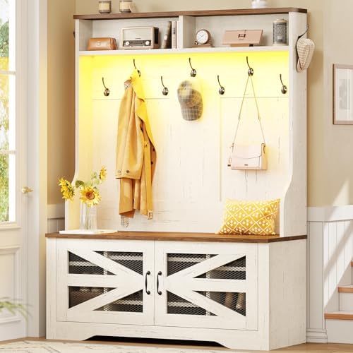 Itaar Hall Tree with Bench and Shoe Storage, 5-in-1 Entryway Bench with Coat Rack, 10 Shoe Cubbies & 9 Coat Hooks, Barn Door & Adjustable Shelf (White) by Itaar