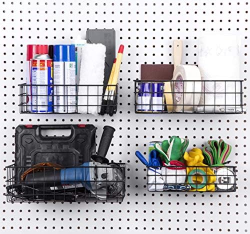 Pegboard Baskets, Set of 4 Black - Hooks to Any Peg Board - Pegboard Accessories, Square Style Wire Shelf Baskets - Organize Tools, Workbench, Garage Storage - Wall Organizer Attachments - Image 2