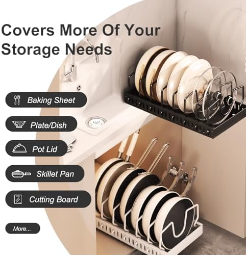 Pots and Pans Organizer Under Cabinet 2 Pack, Pull-Out Cabinet Organizer for Pot Lids, Bakeware, Dishes, 8 Adjustable Dividers (Black - Image 3