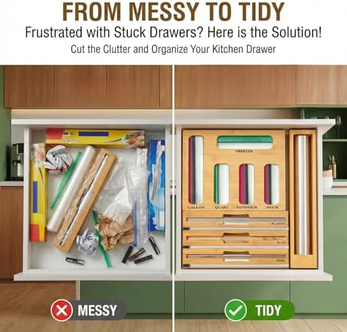 9 in 1 Storage Bag Organizer for Kitchen Drawer,Bamboo Foil and Plastic Wrap Dispenser with Cutter, Organizers Compatible Gallon, Quart, Sandwich Snack - Image 4