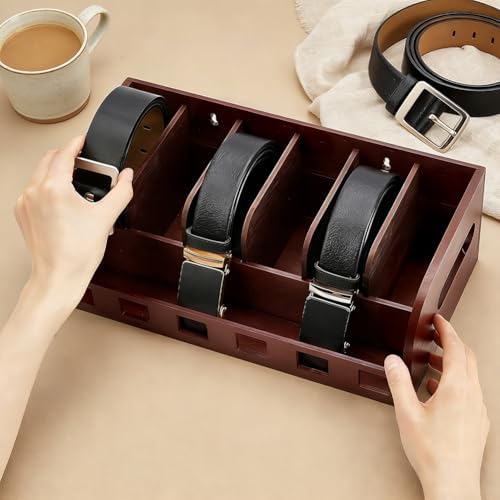 PH PandaHall Belt Organizer Box, Wooden 6 Grids Belt Rack Wall Mount Belt Display Case Tie Storage Box Neckite Rack for Closet Shelf Drawer Tie Belt Storage Organizer, 14"X7.5"X4.7" - Image 3