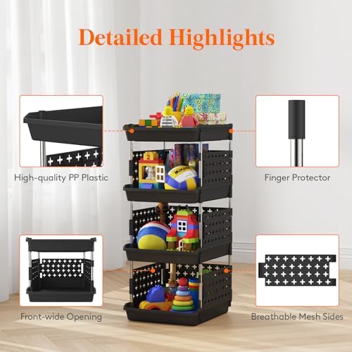 Lifewit 4 Tier Plastic Stackable Storage Baskets for Clothes 1 Pack, Black - Image 6