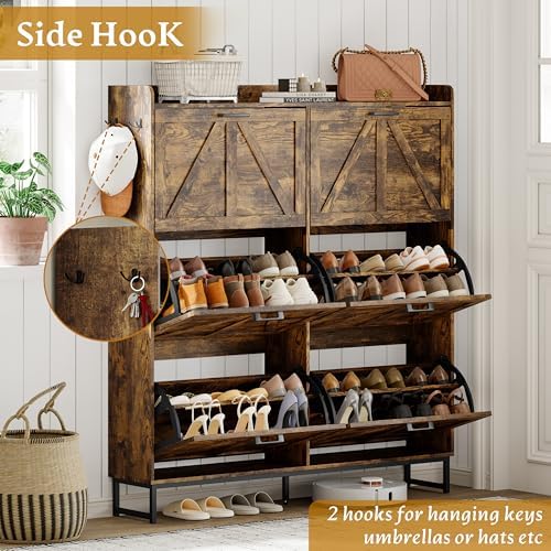 Wodeer Shoe Cabinet Storage for Entryway, Shoe Storage Cabinet with 6 Flip Drawers, Freestanding Narrow Shoe Rack Organizer with Metal Legs, Adjustable Shelves & Open Storage for Foyer, Hallway, Brown - Image 4