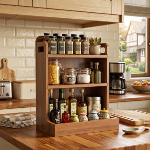 Solid Wood 3-Tier Spice Rack Countertop Organizer Kitchen Storage Shelf - Image 5