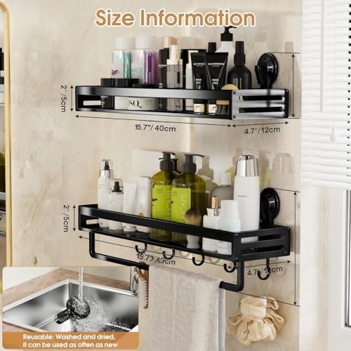 Suction Cup Shower Caddy with 5 Hooks & Towel Rrack 15.7inch Black - Image 6