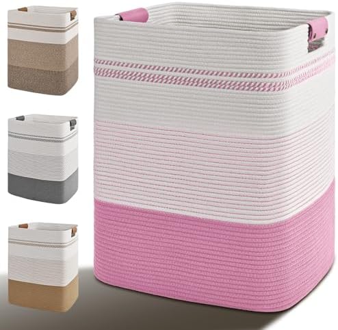 Laundry Hamper, 85L Tall Laundry Basket with Leather Handles, Rectangle Large Clothes Hamper for Organizing, Cotton Woven Laundry Baskets Storage Hampers for Bedroom, Nursery, Living Room by Degeyoyo