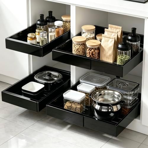 DEKAVA 4 Pack Pull Out Cabinet Organizer Expandable, Adhesive with Nano Film, Pull Out Drawers for Cabinets in Kitchen, Pantry or Bathroom (Black, 21“DEEPX[12"-20'']Width-4PACK) by DEKAVA