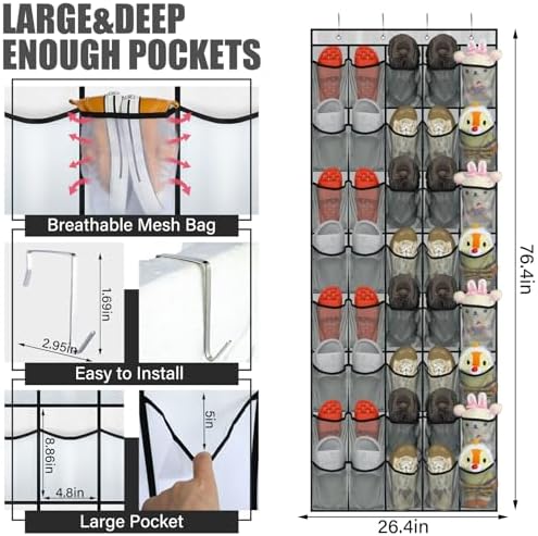 Windyun 2 Pcs 40 Pocket Over the Door Shoe Organizer, Gray - Image 3