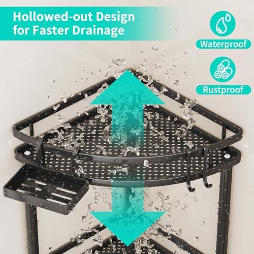 HapiRm Standing Corner Shower Caddy - 2 Tier Shower Organizer Corner with Soap Holder and 2 Hooks, Rustproof Bathroom Storage Shelves with Adhesives, Black - Image 3
