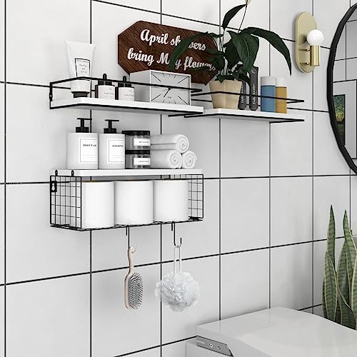 3+3 Wall Mounted White Bathroom Shelf Over Toilet with Toilet Paper Storage Basket & Hooks, Bathroom Organizers and Storage, Hanging Corner Shelf Floating Shelves for Bathroom Wall Room Decor - Image 2