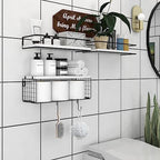 3+3 Wall Mounted White Bathroom Shelf Over Toilet with Toilet Paper Storage Basket & Hooks, Bathroom Organizers and Storage, Hanging Corner Shelf Floating Shelves for Bathroom Wall Room Decor - Image 2