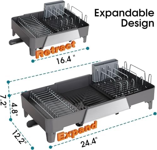 Large Expandable Dish Drying Rack, Dish Racks for Kitchen Counter, Space Saving & Rust Resistant Dish Drainer with Removable Drainboard & Utensil Holder, Adjustable Length 16.4 to 24.4 Inches - Image 3