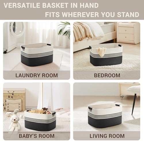 45L Small Woven Laundry Basket Hamper with Leather Handles,Black - Image 4