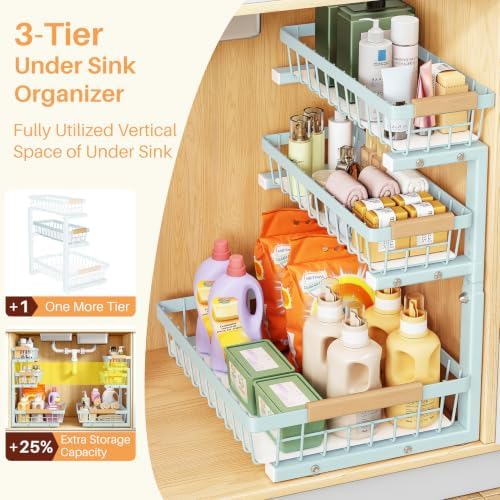 PXRACK Under Sink Organizer, 1-Pack 3-Tier Height Adjustable Thickened Metal Pull out Cabinet Organizer Shelf, Slide out Storage Drawer Rack for Bathroom Kitchen Pantry Home Organization, LightBlue - Image 3