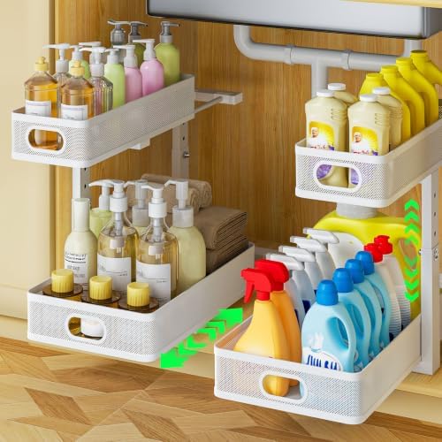 Under Sink Organizer 2-Pack, Metal 2-Tier Pull-Out Cabinet Shelf with Slide-Out Mesh Drawers, Height Adjustable, Space-Saving Under Sink Storage Racks for Kitchen, Bathroom, Laundry Room, White by AURIKAR