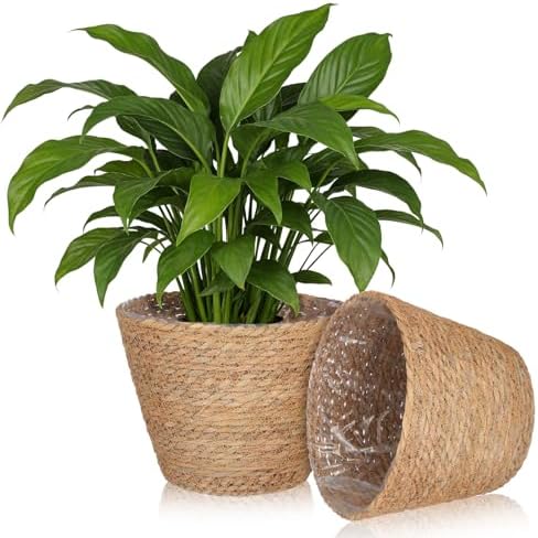 IMIKEYA 2-Pack Seagrass Plant Baskets with Plastic Liners, 9 Inch by IMIKEYA