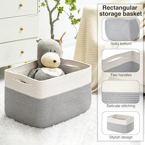 ICERZCZ Large Blanket Basket Living Room, Rectangle Storage Basket, Large Basket for Blankets, Woven Cotton Rope Baskets for Storage Toy Dirty Clothes, 22”x17”x12”, White & Grey, 75L - Image 4