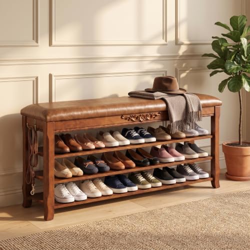 Shoe Rack Bench Entryway Storage with Leather Cushion, 47.2" by Drogenble