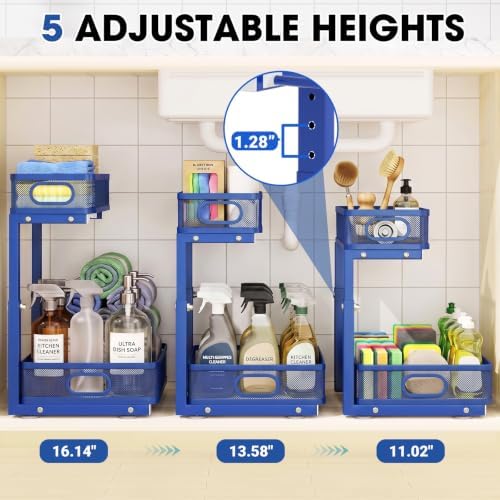 Under Sink Organizer 4-Pack, Metal 2-Tier Pull-Out Cabinet Shelf with Slide-Out Mesh Drawers, Height Adjustable, Space-Saving Under Sink Storage Racks for Kitchen, Bathroom, Laundry Room, Dark Blue - Image 3