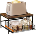 KLM Pull Out Spice Rack Organizer for Cabinet,Rustic Wood Top with Wire Basket Storage,Kitchen Countertop Organizer and Storage for Pantry, Counter top,Coffee Station Wood. (Brown) by KLM