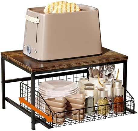 KLM Pull Out Spice Rack Organizer for Cabinet,Rustic Wood Top with Wire Basket Storage,Kitchen Countertop Organizer and Storage for Pantry, Counter top,Coffee Station Wood. (Brown) by KLM