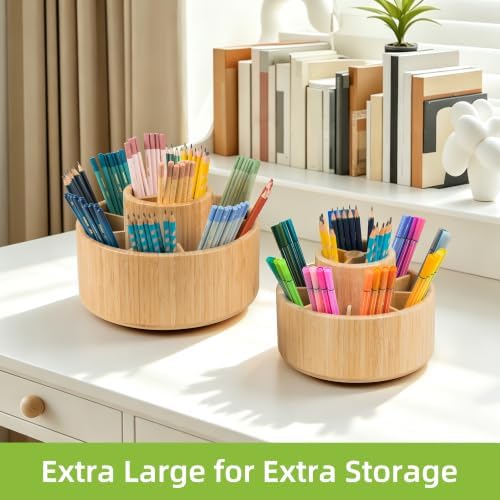 Utoplike Large Bamboo Rotating Pencil Holder, 360° Colored Pen Organizer - Image 2