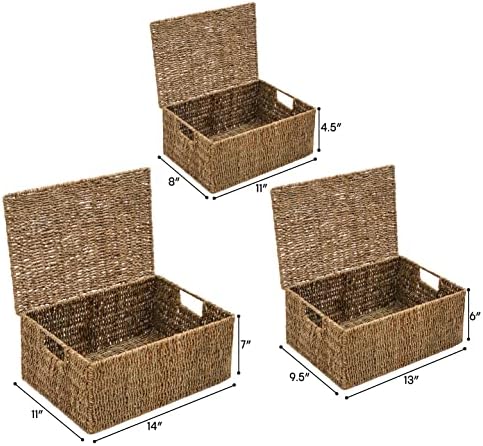 Trademark Innovations Set of 3 Rectangular Seagrass Baskets with Lids, Natural (Small) - Image 3