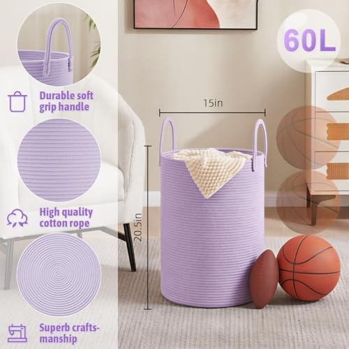 Artfeel Laundry Basket,Woven Cotton Rope Laundry Hamper,60L for Decorative Storage of Dirty Clothes,Toys and Blankets in Bathroom,Baby Room and Living Room - Image 6