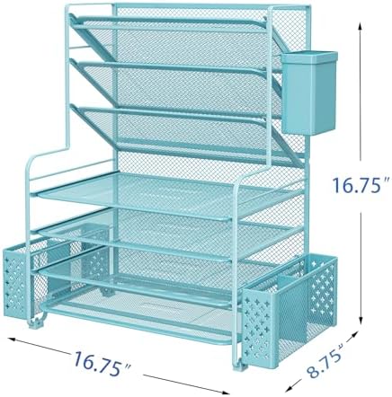 Simple Trending 7 Tier Desk File Organizer, Letter Tray Paper Organizer with Pen Holder and Metal Hanging Basket, Blue - Image 3