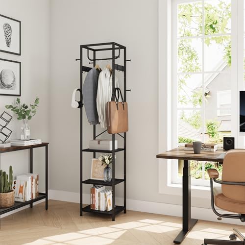 ELYKEN Coat Rack Freestanding, Hall Tree with 3 Shelves and 12 Hooks, Black - Image 6