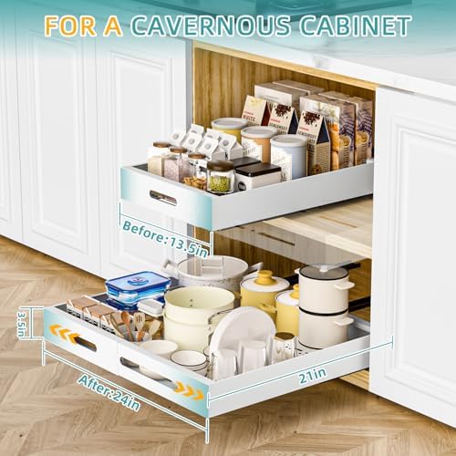 HBL' 1 Pack | 21" Deep Pull Out Cabinet Organizer Adhesive, (13.8" to 22.0") Width Expandable Sturdy Carbon Steel Roll-Out Drawers, Designed for Frameless Cabinets, Slide-Out Shelves for Pantry. - Image 2