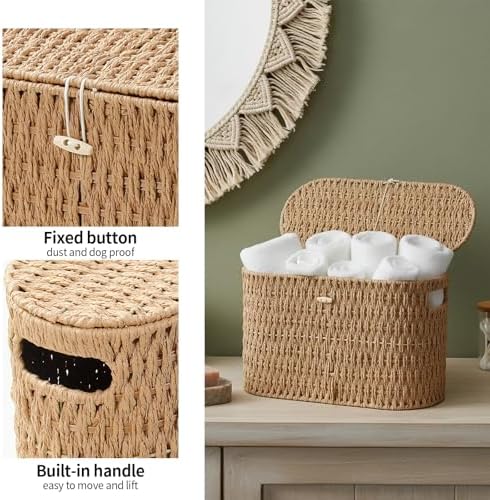 Coeusy Toilet Paper Storage Basket with Lid, Paper Rope Wicker Basket for Bathroom Organizers and Storage, Toilet Paper Holder for Up to 6 Mega Rolls, Boho Hand-Woven Decorative Decor, Natural - Image 4