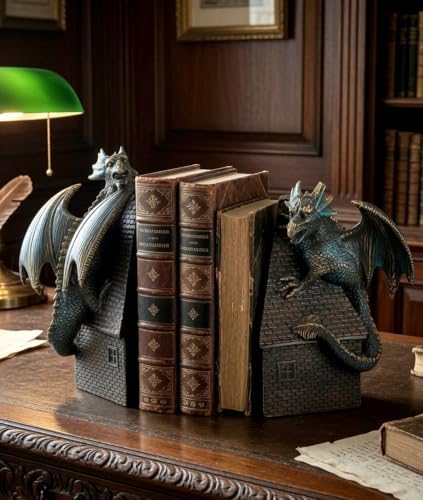 Bellaa Dragon Bookends Set of 2 - Heavy Duty Decorative Book Ends for Shelves, Medieval Gothic Castle Guardian, Non-Skid Resin 7.5" Vintage Bronze 28670 - Image 3